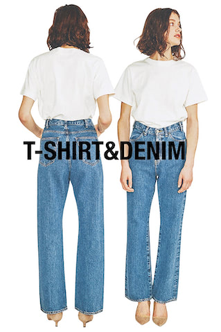 白T＋デニムは「配色で飾る」：  色のインパクトを利用した絵になる配色づかいで、王道カジュアルを多彩にイメージチェンジ。レザーやゴールドなど上質な素材ととり込み、ラフに転ばない色遊びを試すのが大人のルール。  ⚫︎白Tシャツ（2枚セット） 23,100円／ユニオンランチ（ロンハーマン）　デニム 25,300円／RHC（RHC ロンハーマン）　パンプス 29,700円／ファビオ ルスコーニ（ファビオ ルスコーニ ジェイアール名古屋タカシマヤ店）　美脚に導く股上深め＋ややフレア。