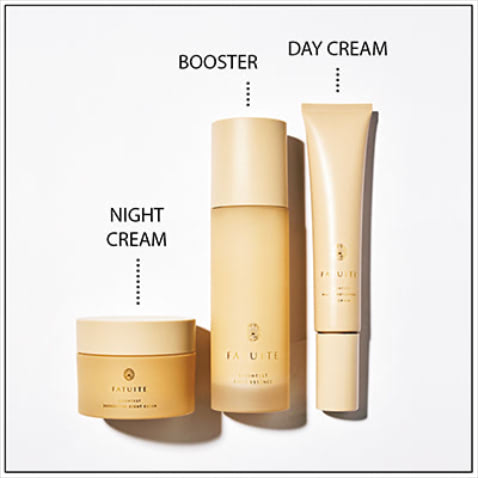 「翌朝に肌の弾力と透明感を実感」 〈右から〉ブライテスト マルチプロテクションデイクリーム SPF30 PA+++ 50g 7,920円、ファーストエッセンス 120mL 8,910円、エナジャイジングナイトクリーム 50g 9,900円／以上ファチュイテ　「美容マニア藤井明子さんが監修。なめらかな肌に導くうえ、デイクリームはUV効果入り、ブースターは保湿力のあるジェリー状かつ顔に直接かけられるスプレー式など、細かいところにもうれしいポイントがたくさん！」（編集Y・I）