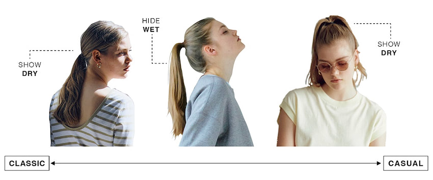 トップスの印象を左右する 「ポニーテールの高さ」と「ヘアゴムの有無」： 結ぶ位置が高いほどカジュアル、低いと落ち着きがあってクラシカル。高めに結ぶことで目尻が引っぱられるので、表情まで自然とシャープに。髪の質感がウエットかドライか、ヘアゴムを目立たせるかなじませるかでも見え方が変わります。右のように「ドライヘア+ヘアゴムを見せる」だと無造作感が出るし、中央のように「ウエットヘア+髪を巻きつけてヘアゴムを隠す」アレンジだと、タフな女性像を演出できます（塩澤さん）。