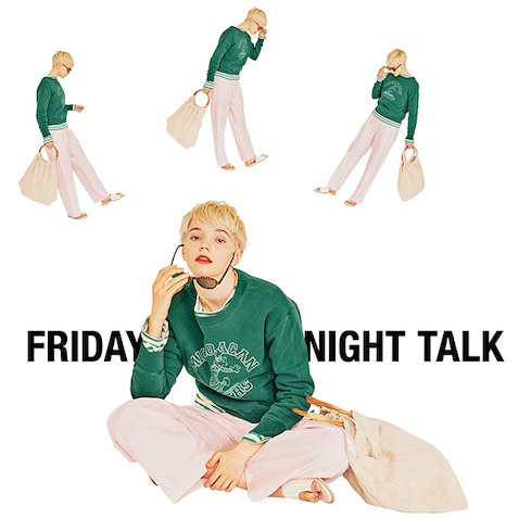 ピンクストレートパンツ（別注） 48,400円／マディソンブルー（ロンハーマン）　グリーン×エクリュボーダーTシャツ（メンズサイズ） 10,450円／ORCIVAL（ビショップ）　ベージュリネンバッグ 17,600円／ミメイコ（ロンハーマン）　白トングフラットサンダル 6,490円／KBF（KBF ラフォーレ原宿店）　グリーンロゴスエット 15,180円／フリーダ（フリークス ストア渋谷）　サングラス 18,700円／A.D.S.R.（4K）