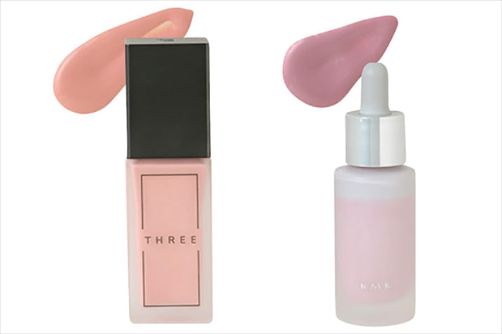 【肌がむっちりふくらむ感覚】  〈右から〉カラーファンデーション 02 20mL SPF9 PA+ 4,950円／RMK Division　アドバンスドエシリアルスムースオペレーター プライマー 30mL 6,050円／THREE　「寝不足でもまとうことでしぼんだ肌がふくらんで見え、ピースフルな肌感に。ファンデなしでも“もつ”肌になれる」（編集R・N）