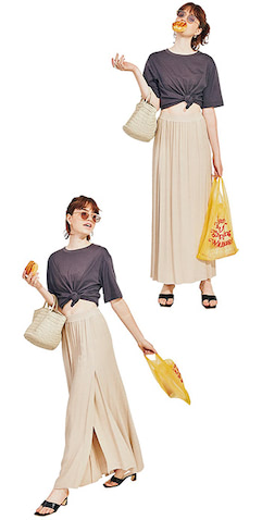 チャコールグレーTシャツ 13,200円／COCUCA（ザ ストア バイ シー 代官山店）　ベージュスカート 31,900円／COCUCA（ザ ストア バイ シー 代官山店）　アイボリーバスケットバッグ 50,600円／Aeta（alpha PR）　シルバー太リング 60,500円、シルバー細リング 28,600円／ともにSOPHIE BUHAI（ザ ストア バイ シー 代官山店）　シルバーピアス 35,200円／SOPHIE BUHAI（ザ ストア バイ シー 代官山店）　黒トングサンダル 9,680円