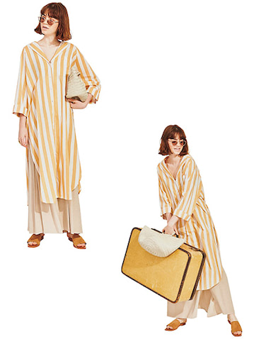 ストライプシャツワンピース 23,100円／ZULU & ZEPHYR（ジャック・オブ・オール・トレーズ プレスルーム）　ベージュスカート 31,900円／COCUCA（ザ ストア バイ シー 代官山店）　アイボリーバスケットバッグ 50,600円／Aeta（alpha PR）　ゴールドリング 15,840円／SOKO（ZUTTOHOLIC）　ベージュスエードサンダル 15,950円／SOL SANA（ジャック・オブ・オール・トレーズ プレスルーム）　サングラス 52,800円／EYEVAN 72