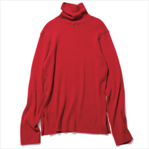 【途中投入アイテム】赤ウォッシャブルリブタートルニット 6,600円／Ungrid　形はベーシックに。すでにワードローブにあるグレータートルの気分転換感覚でセレクト。重ねやすい薄手の風合い。