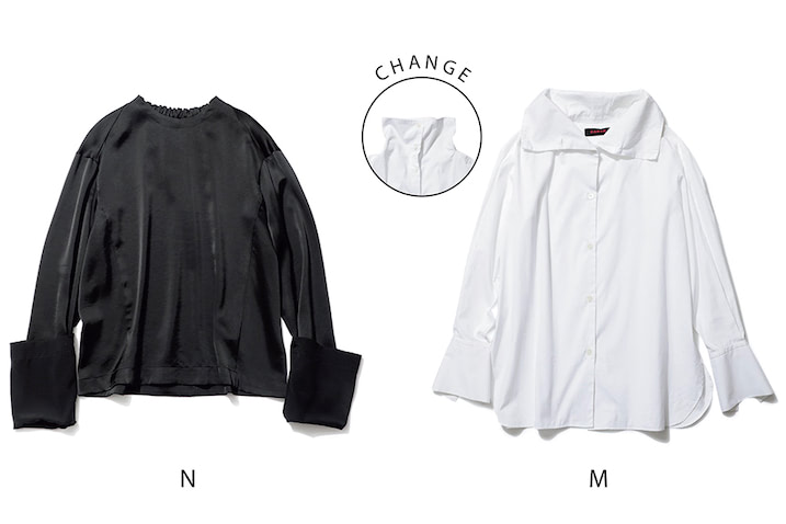 M.白シャツ 30,800円／CABaN（キャバン 代官山店）　えりのアップダウンで甘くも辛くも変化。　N.黒サテンブラウス 19,800円／BACCA（TOMORROWLAND）　洗いをかけたようなナチュラルなシワ感で親しみやすく。