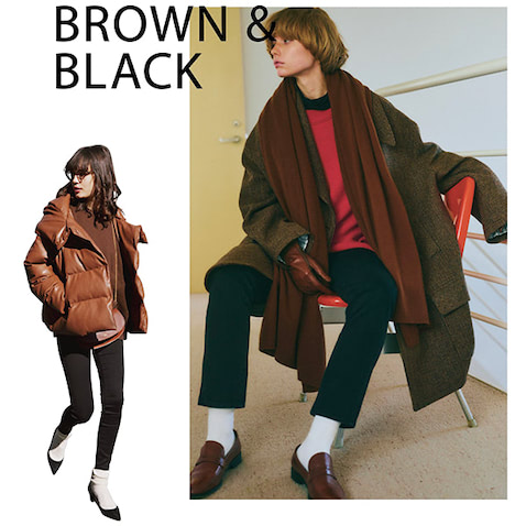 「ダークトーンでまとめるとき」 〈右〉ロングコート×暗色の服の重みをそぐようにパキッとした白を選択。配色にコントラストをつけても足元なら目立ちすぎない。（岩田さん）〈左〉夏なら肌感で抜けを出したいところ、秋冬の服は白靴下で代用。スキニーの上にかぶせれば足首の細見せにも（渡邉さん）