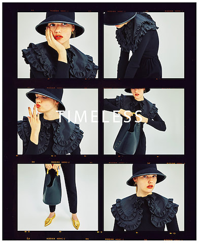 えりつきリブニット 29,700円／ソブ（フィルム）　パンツ 24,200円／ENFOLD　ハット 5,830円／MOUSSY（バロックジャパンリミテッド）　ピアス 38,500円／KHIRY（TOMORROWLAND）　バッグ 46,200円／オルセット（オルサ）　ゴールドシューズ 35,200円／PIPPICHIC（ベイジュ）