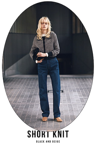 チェックニットカーディガン 42,900円／CABaN（キャバン 代官山店）　オフ白ニットトップス 3,300円／AZUL BY MOUSSY（バロックジャパンリミテッド）　デニムパンツ 20,900円／リーバイス® ビンテージ クロージング（リーバイ・ストラウス ジャパン）　パールネックレス 27,500円／COLDFRAME（アイクエスト ショールーム）　黒バッグ 64,900円／ペリーコ（アマン）　ブーツ 9,790円／RANDA