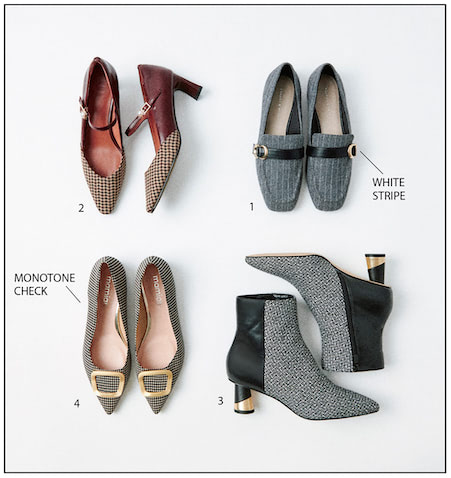 1.ローファー（1） 6,500円／CHARLES & KEITH（CHARLES & KEITH JAPAN）　無地に近い、極細なストライプ。2.パンプス（6） 16,200円／セピカ（ジオン商事）　なじみやすい、部分的なチェック。　 3.ツイードショートブーツ（6） 9,500円／CHARLES & KEITH（CHARLES & KEITH JAPAN）　黒レザー×ゴールドの重厚感。　4.千鳥格子パンプス（2.5） 8,690円／マミアン（マミア