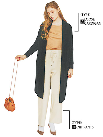 A.黒ラクーンロングカーディガン 50,600円／ロンハーマン　B.アイボリーニットパンツ 23,650円／uncrave　シアートップス 9,680円／アーセンス（アーセンス ルミネ新宿１）  白ソックス 1,650円／ブルー フォレ（シップス 渋谷店）　ショルダーバッグ 39,600円／へリュー（アーセンス ルミネ新宿１）　ベージュパンプス 50,600円／NEBULONI E.（フラッパーズ）