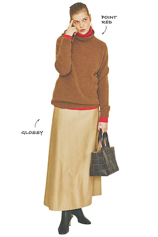 H:ブラウンハイネックニットプルオーバー 34,100円／ATON（ATON AOYAMA）　J:赤タートルニット 42,900円／ATON（ATON AOYAMA）  ベージュスカート 35,200円／イレーヴ　バッグ 60,500円／MARY AL TERNA（マルティニーク ルコント ルミネ有楽町）　黒ショートブーツ 35,200円／CORSO ROMA,9（エリオポール代官山）