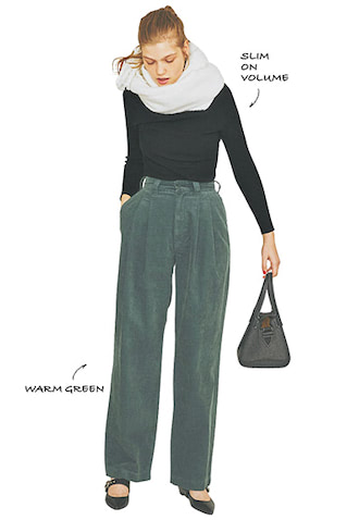 G.黒タートルリブニット 17,600円／FLOML　I.白フリンジストール 6,600円／MOUSSY（バロックジャパンリミテッド）  グリーンコーデュロイパンツ 24,200円／THE SHINZONE（Shinzone ルミネ新宿店）　バッグ 40,700円／VASIC（ヴァジックジャパン）　黒パンプス 38,500円／チェンバー（ユナイテッドアローズ 六本木ヒルズ店）