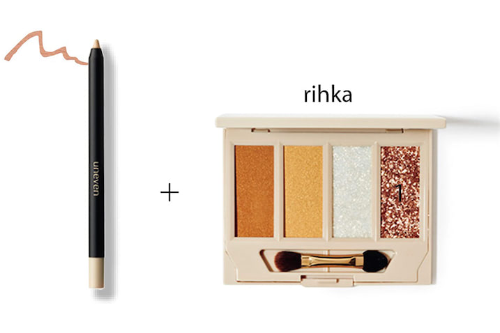 （右）フィーリングス パレット 〈右から〉dawn、new day、mimosa、madeleine 6,600円（セット価格）／rihka　8色のリフィルから、好みの4色を選べる。（左）カラーリングソフトアイライナー スキンベージュ 1,540円／アニヴェン（レザボア）　絶妙なスキンカラー。