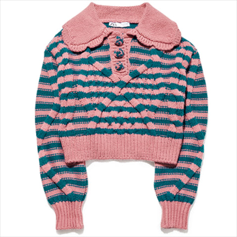 ピンク×グリーンニット 5,990円／ZARA（ザラ カスタマーサービス）　ヴィンテージのようなデザインと配色バランス。