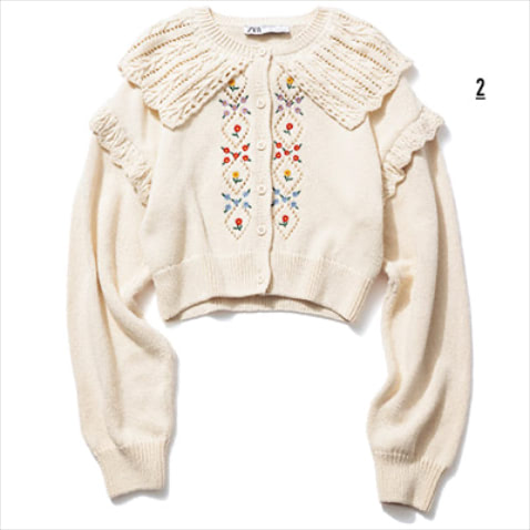 ショート丈でとり入れやすいレトロな装飾 ：ニットカーディガン 4,990円／ZARA（ザラ カスタマーサービス）：レースえりと花柄刺しゅうの装飾。ドライな風合いなので幼く見えず、大人も着やすい。