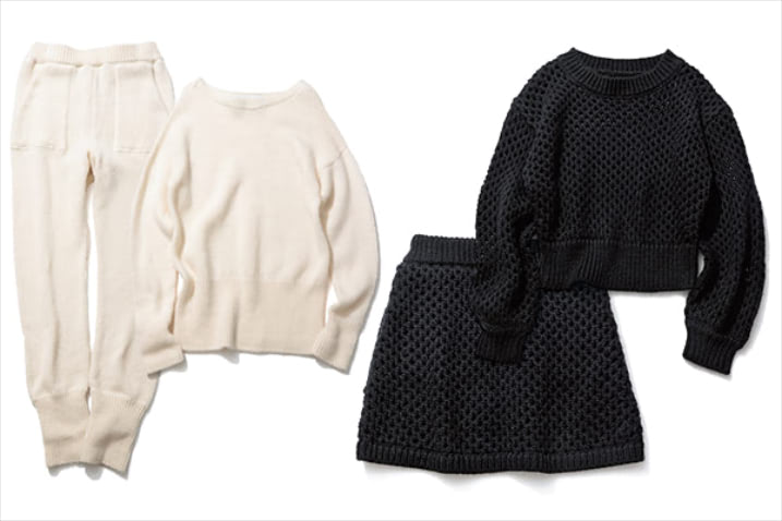 〈右から〉黒ホールニット 11,880円、ニットミニスカート 12,980円／ともにSeaRoomlynn　ミニスカートの中はショートパンツのペチコートつき。　オフ白ボートネックアルパカニット 28,600円、ニットパンツ 29,700円／ともにTICCA