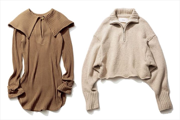 〈右から〉ライトベージュジップニット 16,500円／TODAYFUL（Life’s 代官山店）　ジップを上げてタートル風にも。　キャメルペタルカラーリブニット 22,000円／ウーア（スピック＆スパン ルミネ有楽町店）