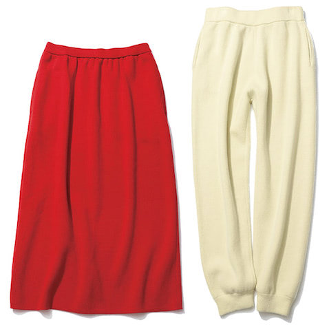 〈右から〉レモンイエローニットスエットパンツ 24,200円／ゲミニー（ウィム ガゼット ルミネ新宿店）　あせたようなネオンカラー。　赤ミラノリブニットスカート 28,600円／SLOANE