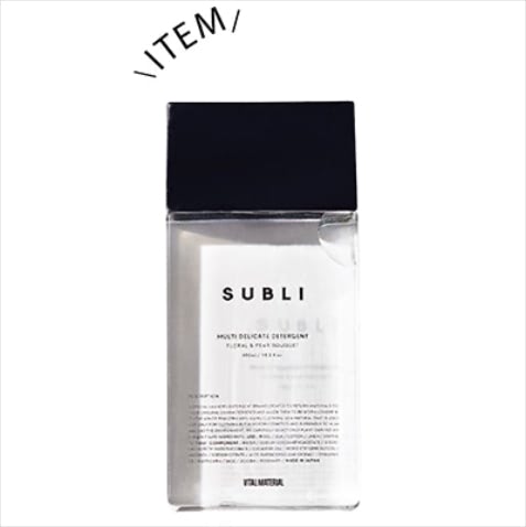 SUBLI ファブリックコンディショナー（柔軟剤） 450mL 2,970円／VITAL MATERIAL　天然由来成分90%以上配合の柔軟剤。ウールやシルクにも使用可能。衣類をふんわり仕上げるだけでなく、静電気の発生も抑止。