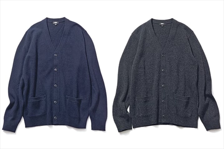 〈右から〉Vネックニットカーディガン ダークグレー、ネイビー（メンズ） 各3,990円／UNIQLO  「着まわしがいのあるオーソドックスなカーディガン。やさしく引き締めたいときは黒に近いグレー、親近感を加えたいときはネイビーなどと使い分け。すっきり見えるVネックなので、前を開けてコートの下に着てもじゃまになりません。カラバリもさまざまなので、何枚かそろえてもいいと思います」（樋口さん）