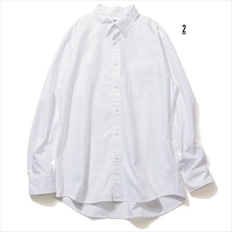 白オックスフォードシャツ（メンズ） 1,990円／UNIQLO　「スタイリングの膨張感をおさえたり、メリハリをつけるのに欠かせないシンプルな白シャツ。キレイな服をラフに着るバランスが今っぽいなと思うので、ラフに装えるユニクロのメンズサイズは最適」（樋口さん）