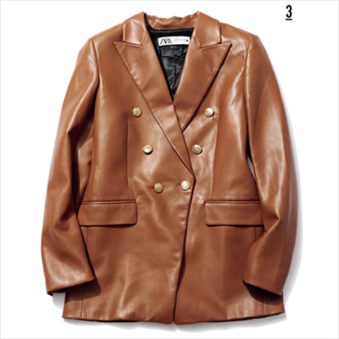 キャメルレザージャケット 10,990円／ZARA（ザラ カスタマーサービス）　「ブレザータイプのレザージャケット。ソフトな質感と上品なキャメルによってこなれた印象に」 （渡邉さん）