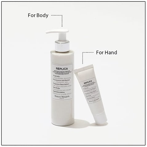 〈右から〉レプリカ ハンドクリーム レイジーサンデー モーニング 30mL 4,180円、同 ボディーローション 200mL 6,820円（ともに12月10日発売）／ともにメゾン マルジェラ フレグランス