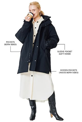 ダウンジャケット（メンズ） 66,000円／WOOLRICH（ウールリッチ カスタマーサービス）　シャツワンピース 41,800円／ウィム ガゼット（ウィム ガゼット ルミネ新宿店）　イヤーカフ 2,200円／Danae∴（DANAE THE FASHION）　ロングブーツ 39,050円／ダイアナ（ダイアナ 銀座本店）