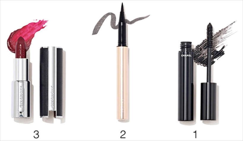 1.ル ヴォリューム ドゥ シャネル 10 4,950円／シャネル　2.SNIDEL ディファイニング アイライナー 01 3,080円／スナイデル ビューティ　3.ルージュ・ジバンシイ No.326 5,060円／パルファム ジバンシイ