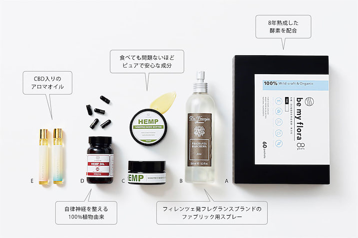 ●C.ミニ・ヘンプボディバター 450mgCBD 30ｇ 5,500円／ENDOCA　「目や肩、腰などが痛いときに一塗りしてから就寝。筋肉が和らぎ、緊張した体が解放され、いつの間にか熟睡。シアバター入りで保湿も」（スタイリスト／塚田さん）　●D.OIL SUPPLEMENTカプセルヘンプオイル 1500mg CBD（30カプセル入り） 21,600円／ENDOCA　「CBDオイルが入ったカプセルです。どんなサプリよりも眠りの深さが格段に上がる。食欲やメンタルなどの体内バランスを正してくれます」（塚田さん）