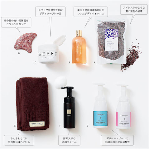 ●E.FEMININE CARE〈右から〉Pubicare フェミニン シフォン ソープ ローズ&イランイラン、ジャスミン&ネロリ 220mL 各2,310円／コスメキッチン　「クリーミーな泡だちで、やさしく洗浄。においやかゆみ、黒ずみまでもケア」（ANT ディレクター／ARISAさん）　●F.FACIAL WASHN organic Vie クリアホイップ フォーム 150mL 3,520円／シロク　「ありそうでない、珍しい泡タイプの酵素洗顔。洗顔するだけで古い角質をオフし、使ったあとは