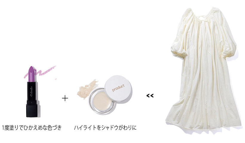 「リネンワンピと繊細なラメ」： ふんわりとしたワンピースのメリハリづけとしてメイクを活用。右のフェイスカラーをまぶたにほどこし、ぬれたような目元をつくります。加えて、ラメ入りの紫リップで透明感のある表情に（曽根さん）