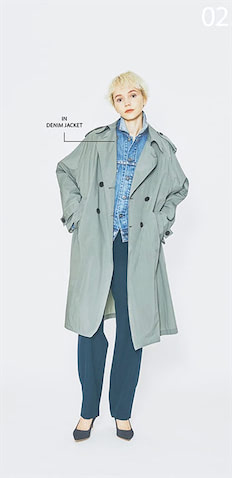 「デニムジャケットをトップス的に」： デニムジャケット 29,700円／リーバイス® メイド アンド クラフテッド®（リーバイ・ストラウス ジャパン）　オリーブトレンチコート 53,900円／TICCA（ビショップ）　ネイビーパンツ 42,900円／ATON（ATON AOYAMA）　パンプス 15,950円／ダイアナ（ダイアナ 銀座本店）　ハリ＆地厚な生地でボリュームを出せる、デニムジャケットをシャツがわりに起用。ナイロンコートやとろみパンツなど、軽い服の組み合わせに適度な立体感をつくれ