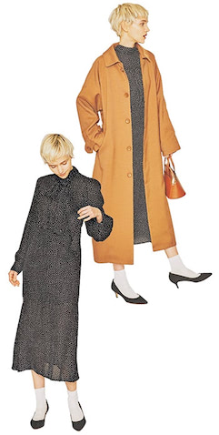 モノトーンと胸元のクラシックなリボンで　 ドットのかわいさをうまく引き算： ドットワンピース 10,989円／SLY（バロックジャパンリミテッド）　コート 49,500円／Jilky　ソックス 3,300円／ebure（ebure GINZA SIX店）　バッグ 14,850円／オーレンティ（ザ ストア バイシー 代官山店）　パンプス 15,400円／ダイアナ（ダイアナ 銀座本店）　はおりに応じてリボンも前後にアレンジ。