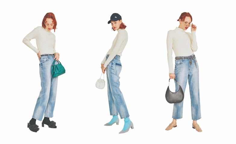 【白ニットとブルーデニム】  【着回す服】白ハイネックニット 3,850円／ビームスドット（ビームス公式オンラインショップ）　デニムパンツ 15,400円／ヘルシーデニム（ゲストリスト）　春らしい軽さと品を両立できる白ニットと薄色デニムの組み合わせ。黒を手にとることの多かったハイネックニットは、さわやかさを求めて白にシフト。