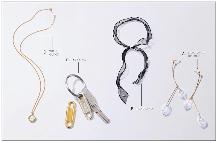 A.パフュームガラスピアス ゴールド 39,600円／ケティシェリー　光を受けるたびにきらめく、空洞のガラス製ピアス。ガラスに開いた小さな穴から付属のスポイトで香水やアロマが仕込める斬新さ。動くたび、ガラス内の水滴がゆれ、視覚的にも楽しめる。 B.パール×ブラックチョーカー 2,680円／ROOM（クロス・コミュニケーション デザインラボ）　透明感のあるオーガンジー素材にパールをのせ、クラシカルに。カチューシャとしても活躍。