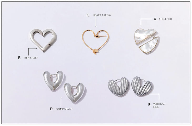 C.ゴールドピアス（片耳） 16,500円／エナソルーナ　１本の矢でハートを描いたユーモアあふれるピアス。きゃしゃなゴールドで目立ちすぎない。 D.シルバーピアス 31,900円／アニカネイズ（レイ ビームス 新宿）　ぷっくりとしたシルバーが印象的。中は空洞なため、見た目に反して軽やか。 E.シルバーイヤカフ 15,180円／ノウハウ（ノウハウ ジュエリー）　ミニマムかつフラットラインで甘さをオフ。