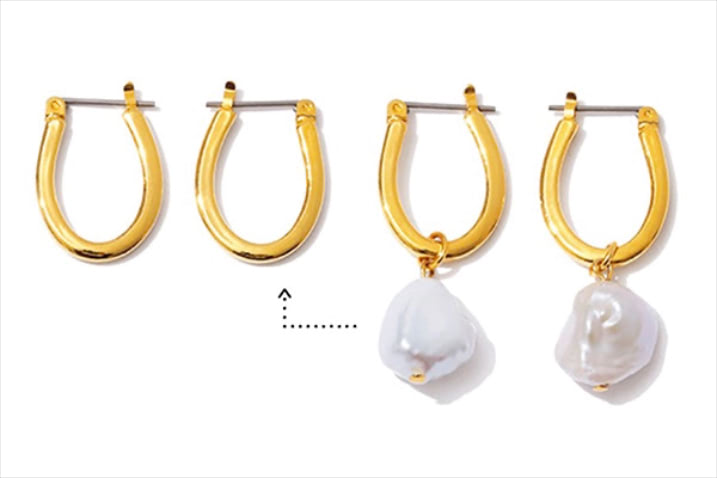 「ゆれる・ゆれないどちらも堪能」： ゴールド×パールピアス 6,400円／グレイ　大粒のバロックパールがぶら下がった、動きのあるピアス。パールをとりはずすことにより、縦長フープピアスとしても活用できる。どちらかにパールをつけ左右非対称にすれば１度に２つの形が楽しめる。