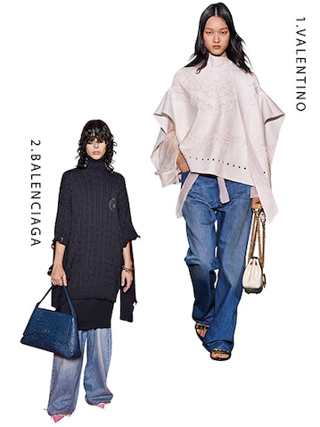 【女らしさを引き寄せるルーズなデニム】  2.メンズのデニムを腰でキュッと絞って履くような、太いデニムに目がいきます。カラーパンプスが出回るこれから、こんなふうにデニムのすそから色をちら見せしたい。（樋口さん）　1.樋口さんと同じく、太めのデニムが新鮮。ずるっととしたデニムを合わせて、オーバーサイズの白ブラウスの甘さを払った、VALENTINOのバランス感が目にとまりました。（岩田さん）