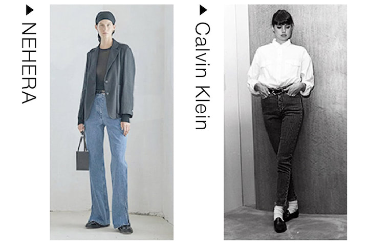 新旧コレクションで見た黒のちりばめ方： 1987年のCalvin Kleinのルックが気になる。デニムとシャツの間にベルトをかませたり、ローファーとの間に白靴下を仕込んだりするだけで、シンプルな上下の格が上がることを再確認。2022年春夏のNEHERAのように、すべてシャープな黒小物でそろえるのも好きです。