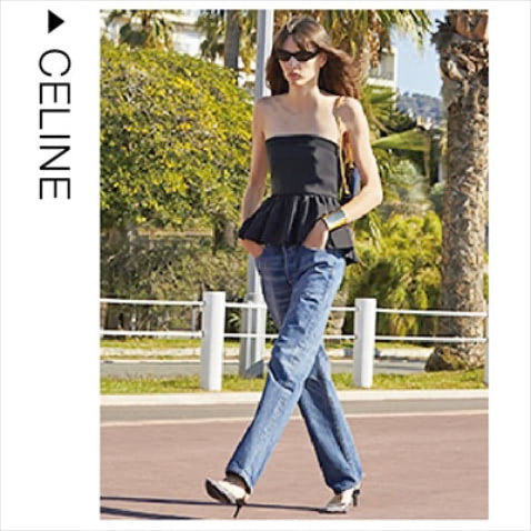 セリーヌのエッジィな小物づかい： 2022年春夏のCELINEのルックが好み。久しぶりにペプラムトップスを合わせたドレッシーな着方はもちろん、緊張感を宿すゴツめのバングルやキレのあるサンダルの合わせもかわいい。デニムをはく日に小物でシャープさを出すことは、私もふだんから意識しています。