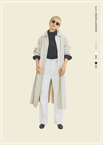 「白でおおって、黒をさす」：白デニムパンツ 16,500円／emmi atelier（エミ ニュウマン新宿店）　エクリュナイロンコート 83,600円／PHEENY　黒シャツ 33,000円／ニコラ ジェンソン（リノウン）　サングラス 37,730円／Oliver Peoples（ルックスオティカジャパン カスタマーサービス）　黒シューズ 53,900円／NEBULONI E.（フラッパーズ）