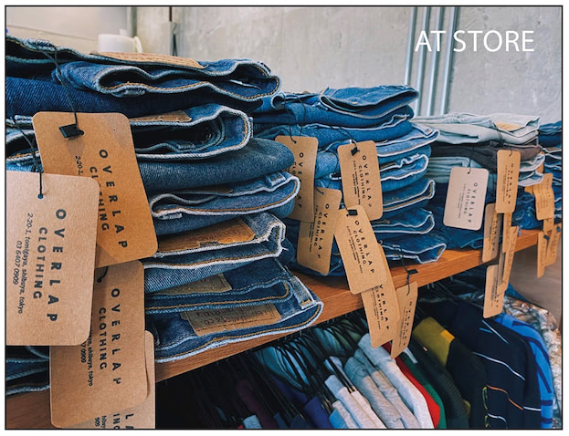 ▼ ディレクター 稲葉真理恵さん：パッチが上に来るように陳列　● Levi’s、Wrangler、Leeなど。お店ではブランドごとに縦に積み重ねるのが基本。重ねるとき、ひと目でブランド名がわかるようにパッチを上にして畳むのがポイント。さらに、とり出しやすくサイズ順で積んでいます。