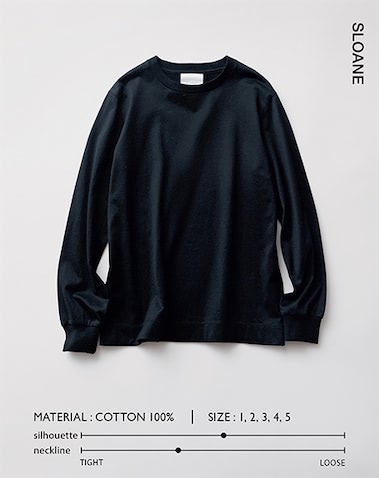 そでまくりもしやすいカフス仕立てのリブそで:  11,550円／SLOANE　１枚で着ても、レイヤードしてもさまになるように設計されたそでのデザインなど、シンプルながら細部にこだわりが光る逸品。着方や体型に合わせて選べる5サイズ展開も魅力。 -comment- 洗濯を重ねてもシワやけば立ちが起こりにくい加工や、UVカット加工をほどこし、機能性も抜群。薄手で光沢があり上品に着られるのでリピーターも多いロンTです。（プレス・森内敏子さん）