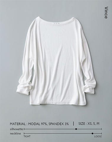インすると気づく落ち感が生む美シルエット：  20,900円／ヴィンス（コロネット）　けばがあるのにとろみもある、肌に吸いつくようなもちもちした生地。インしたときにいっそう引き立つ、絶妙に縦落ちする質感によって、ルーズでもきちんと感を獲得。  【FROM PRESS】 ストレッチの効いたなめらかなモダール生地を使用。女性らしさを引き出すドルマンスリーブと、鎖骨を美しく見せる広めのボートネックデザインが特徴です。（プレス・上田愛子さん）
