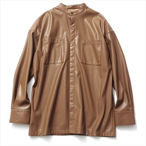 「春に好都合なやさしいレザー」:  ブラウンエコレザーシャツ 9,900円／LEPSIM（アダストリア）　素材に差をつけ、装いの格上げが図れるレザー。明るめのブラウンなら、春先の装いとも浮かない重み加減に。