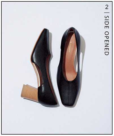 サイドカッティングパンプス（6） 22,000円／オゥ バニスター（アバハウスインターナショナル オンラインストア）　両サイドに細長くあしらったカッティングがきゃしゃ見せにも貢献。ほどよいヒールの高さと安定感のある太めのヒール。