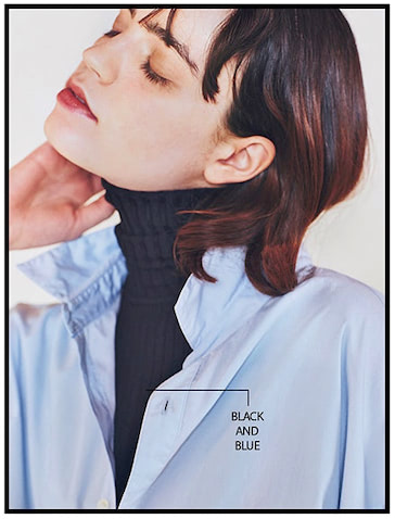 「服の余力を引き出せる」:  食傷ぎみなベーシック服をよみがえらせる意味でも、BIGシャツの効果は絶大。たとえばまだ手放せない黒タートル。春らしいカラーシャツをリアルタイムに引き寄せ、黒の気分も変える。重ねることで相乗効果を発揮。