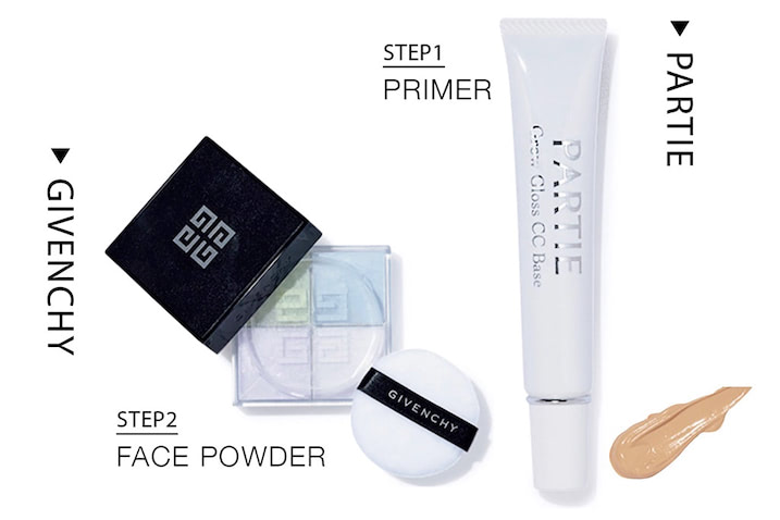 ☑うるおいは感じつつ・マットに仕上げたい ▶マットなパウダーをつける前にしっとりとしたCCクリーム：〈右から〉PARTIE グロウグロス CC ベース SPF25・PA++ 20g 4,070円／TTMK　プリズム・リーブル No.1 7,480円／パルファム ジバンシイ〔LVMHフレグランスブランズ〕　「色ムラをきちんとカバーしながら光沢のある仕上がりにしてくれるCCクリームとマット感のあるルースパウダーを組み合わせています。相反する質感を重ねることでセミマットな肌に」（常岡さん）