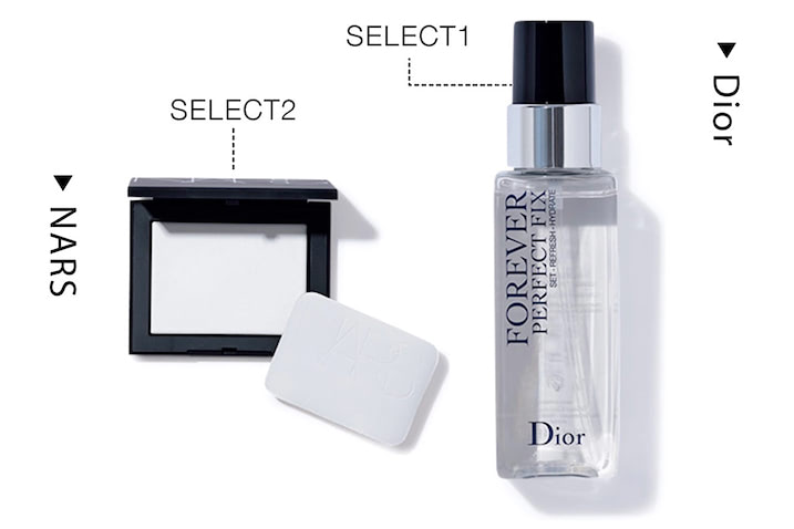 ☑化粧くずれを防ぎたいけど・厚塗りにしたくない」 ▶最後の仕上げでパウダー&スプレー：〈右から〉ディオールスキン フォーエヴァー メイクアップ フィックス ミスト 4,950円／パルファン・クリスチャン・ディオール　「パウダーでしっかり仕上げたベースにツヤをもたらすミスト」（植木さん）　ライトリフレクティングセッティングパウダー プレスト N 5894 5,500円／NARS JAPAN　「ベースメイクのうるおいを保ちながら終日メイクくずれを防止」（maoさん）